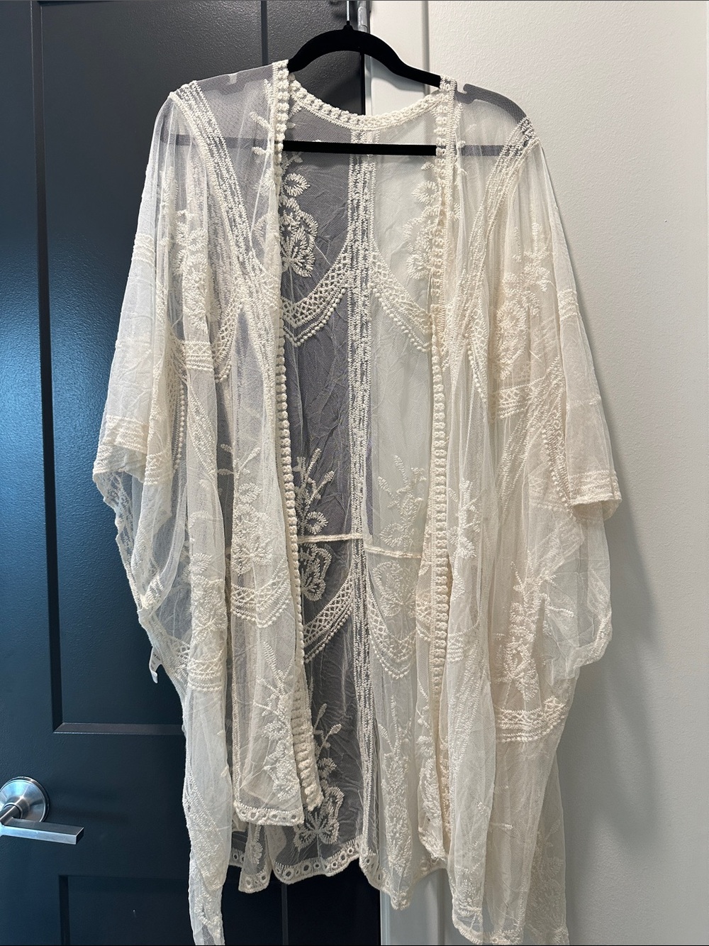 Sheer Embroidered Kimono Robe - Ivory - Unbranded